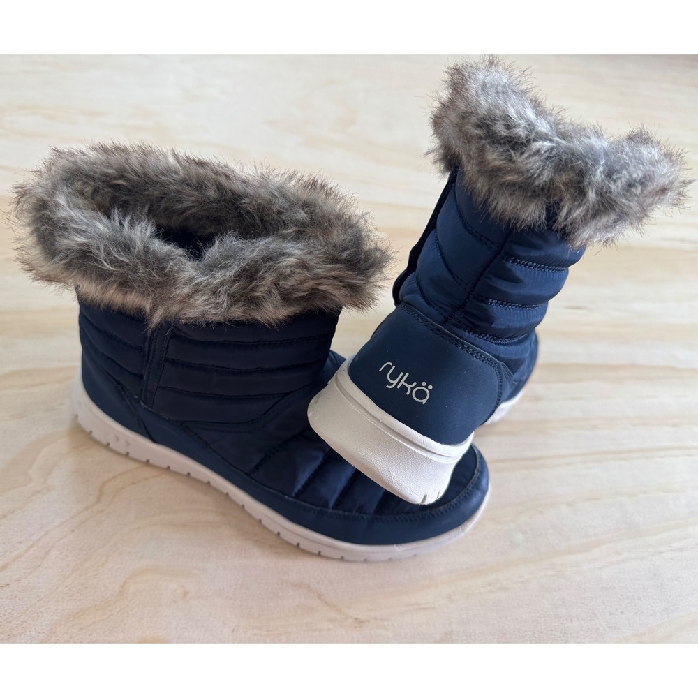 Ryka Navy Quilted‎ Puffer Ankle Boots Faux Fur Winter Booties Womens Size 7